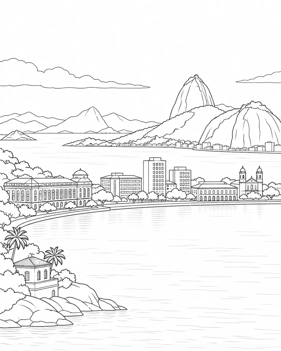 Riverside Cityscape Scene Coloring Page