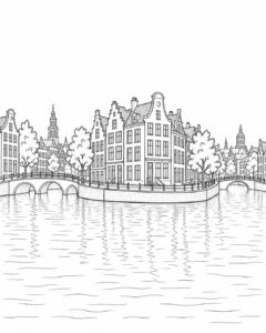 Riverside Cityscape Scene Coloring Page