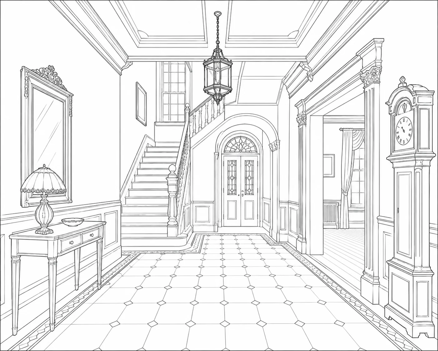 Rustic Cabin Interior Coloring Page for Adults