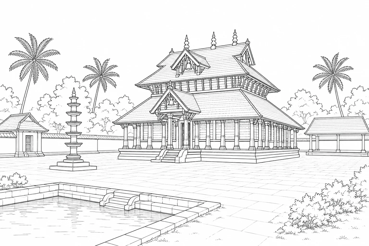 Traditional Courtyard Scene Coloring Page Set 2