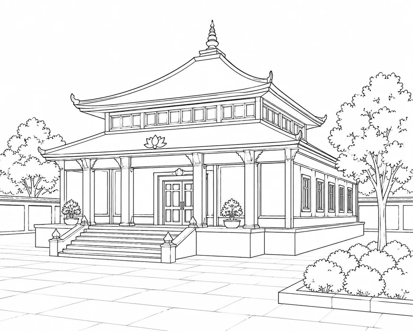 Traditional Pavilion Scene Coloring Page Set 2