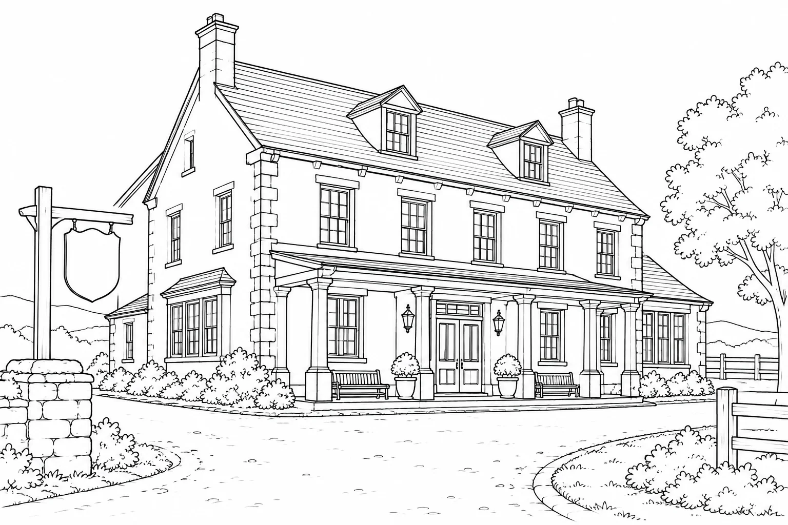 Traditional Stone House Scene Coloring Page